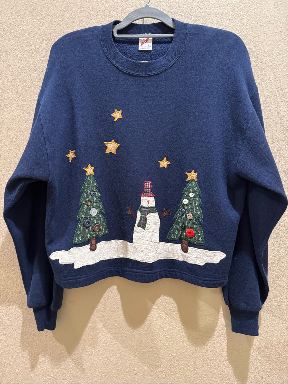 Vintage 90s Jerzees Christmas Snowman Tree Applique Sweatshirt L USA
